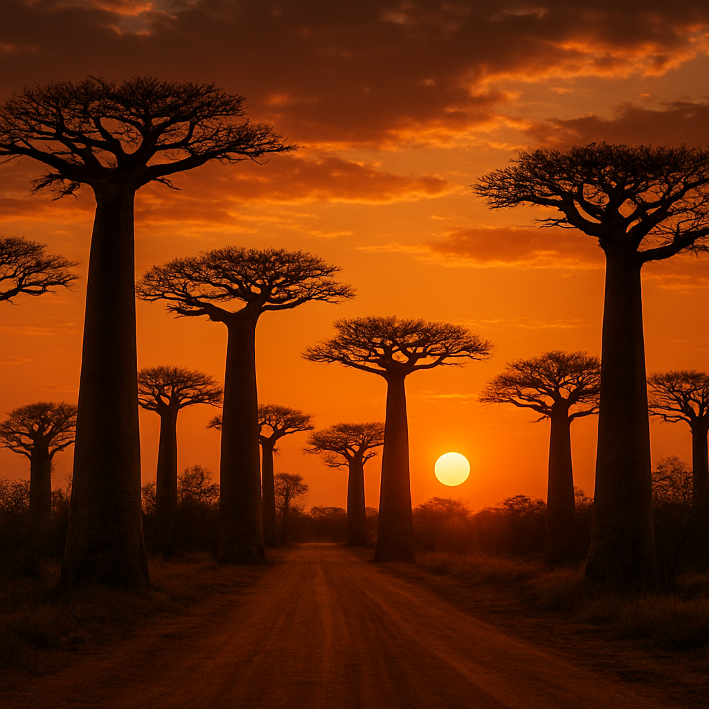 Allée des Baobabs à Madagascar au coucher du soleil